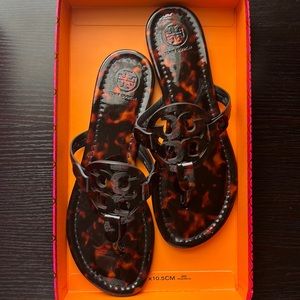 Tory Burch Miller Sandals in Tortoise Shell Patent Leather